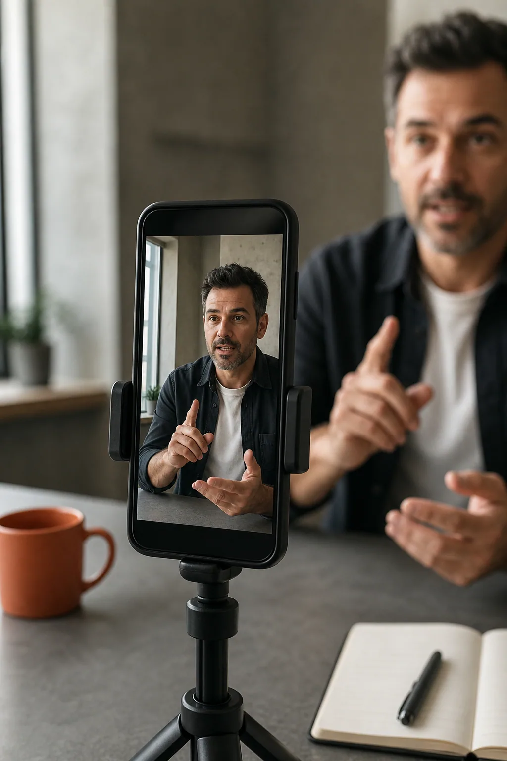 A close view of a phone recording a business representative speaking