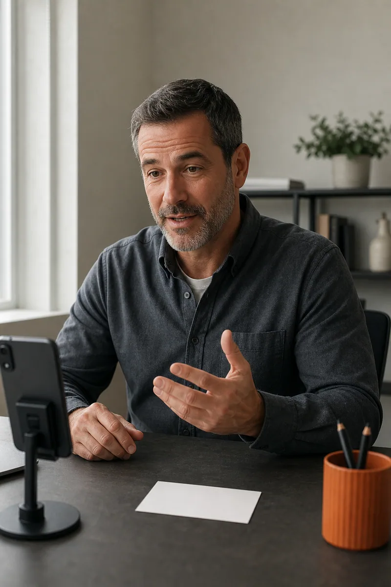 A business representative answering a question in front of a phone