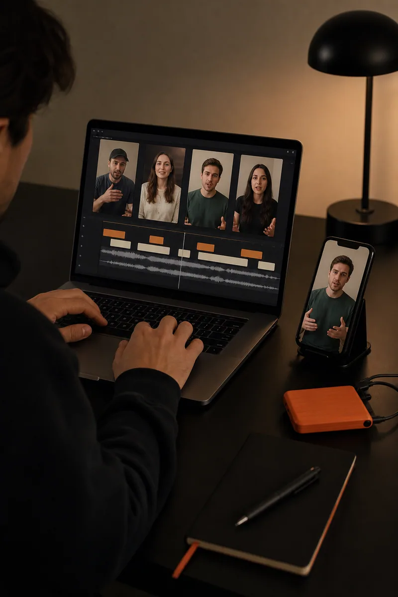 An editor organising a series of vertical talking-head videos for social media