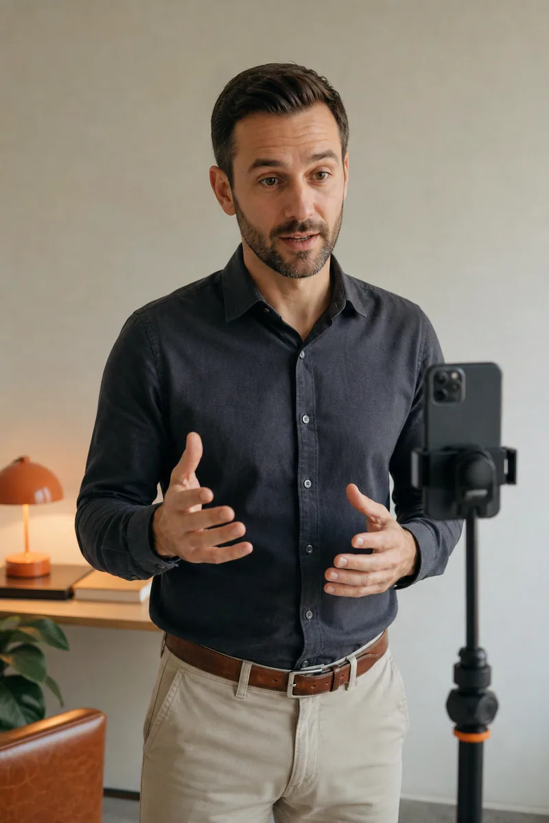 A professional speaking to a phone for a vertical social media video